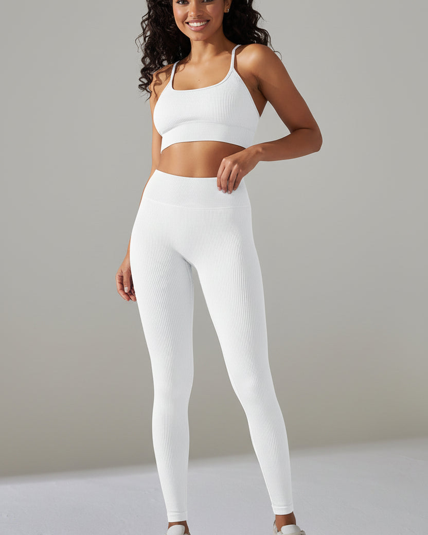 Woman wearing Luna Forza Seamless Ribbed Yoga Set — women's seamless yoga set, Australia