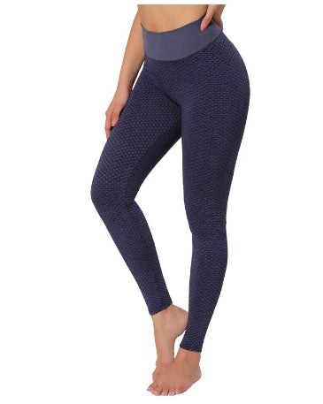 Textured scrunch high-waist gym leggings in navy, full-length side view on model — Luna Forza Aria