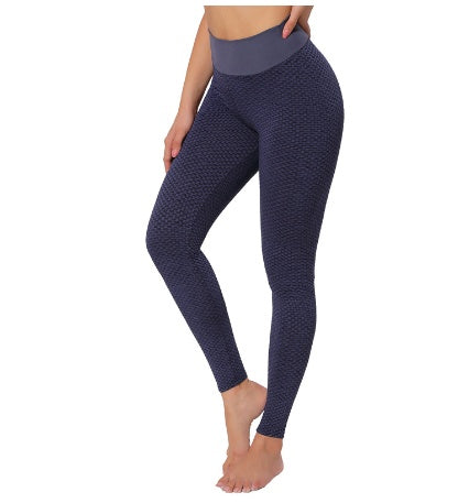 Textured scrunch high-waist gym leggings in navy, full-length side view on model — Luna Forza Aria